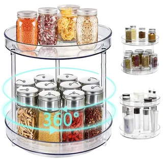 Drehteller Organizer für Küchenschrank, Gewürzregal stehend für Gewürze, Obst, Snacks, Gewürzständer für Schrank, Speisekammer, Badezimmer, Kosmetik (BPA frei, 23.5cm, 2 Ablagen, transparent)