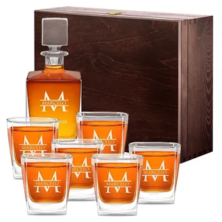 Maverton Whiskey Dekanter 810 ml + 6er Whisky Gläser Set mit Gravur - personalisiertes Whisky Karaffe Set für Männer - Glas Karaffe mit Gläsern für Whiskygenießer - Initiale