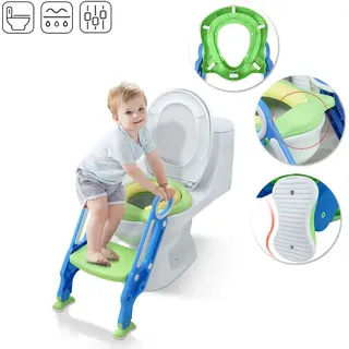Toilettensitz Kinder mit Treppe Faltbar Toilettentrainer Höhenverstellbar Toilettenaufsatz Kinder wc Trainer mit pu Kissen und Griffen für 1-7 Jahren