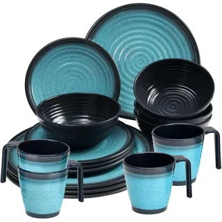 Melamin Geschirr Set 16 Teile elegante Steingut Optik in blau mit Tassen - für 4 Personen | Essgeschirr Gläser Wasserglas Tumbler Whiskey - Campinggeschirr Picknick ideal Camping Outdoor