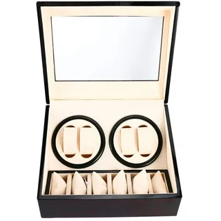 Automatikuhren Uhrenbeweger 4+6, Uhrenbox Watch Winder Mute für Uhren Luxuriöser Uhrenwender Aufbewahrung Aufbewahrungs Vitrine Glasdeckel, Batteriebetrieb oder Netzteil (Braun)