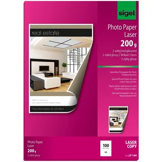 Sigel LP144 Fotopapier für Laser / Kopierer, A4, 100 Blatt 2seitig glossy, hochweiß, beidseitig bedruckbar, 200 g
