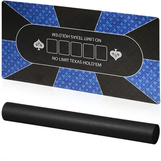 Relaxdays Pokermatte, 120x60 cm, Texas Hold'em, rutschfest, wasserfest, Pokerteppich mit Hülse, 10 Spieler, blau/schwarz