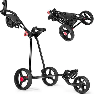 Costway Golftrolley Golfwagen mit verstellbarem Griff, Schiebewagen, Metall Golf Push Cart, Golfcaddy mit Schirm-, Tassen- und Tele...