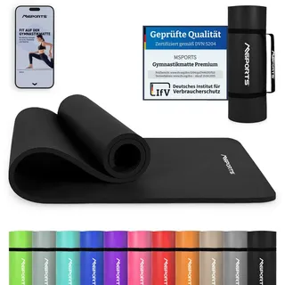 Msports Gymnastikmatte Premium inkl. Tragegurt + Übungsposter + Workout App I Hautfreundliche Fitnessmatte 190 x 60 x 1,5 cm - Schwarz-Matt - Phthalatfreie Yogamatte