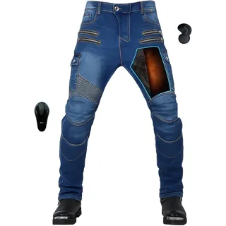 oFzimTo Motorradhose Herren mit Protektoren, Thermohose Herren Winter, Motorrad Thermojeans, Biker Jeans, Stretch-Zweiten Generation Protektoren - XL