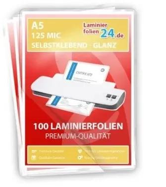 selbstklebende Laminierfolien A5, 2 x 125 Mic, glänzend