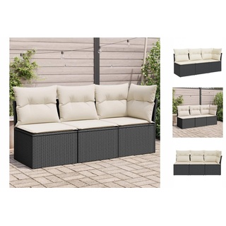 vidaXL Gartensofa mit Kissen 3-Sitzer Schwarz Poly Rattan