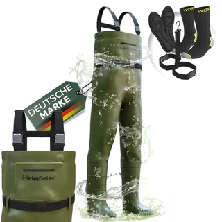 Heimfleiss® Wathose Herren Wasserdicht mit Stiefel (Gr. 41) | Unisex Nylon Anglerhose inkl. Zubehör | rutschfeste Fischerhose zum Angeln oder zur Teichreinigung | Wader Watthose Teichhose Angelhose