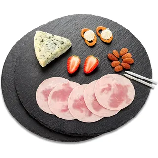 LiWiBet Schieferplatte Servierplatte groß 2 Stück, Schieferplatte rund 30 cm mit Kreidestift, Servierplatten aus Schiefer, zum Anrichten & Servieren, Schwarz