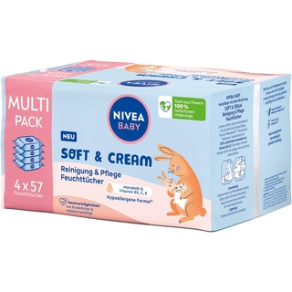 NIVEA BABY Soft & Cream Feuchttücher, Baby Feuchttücher zur sanften Reinigung empfindlicher Babyhaut, hypoallergene Feuchttücher für Babys mit Mandelöl und Vitaminen (4 x 57 Stück)