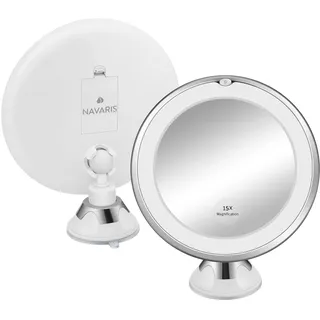 Navaris LED Kosmetikspiegel mit Saugnapf - 15-fache Vergrößerung - Kabelloser, beleuchteter Vergrößerungsspiegel - Ideal für Makeup, Rasieren, Reinigung