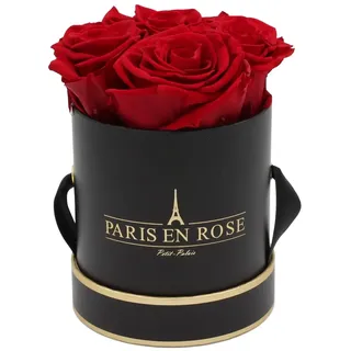 Rosenbox Ø 10 cm Schwarz-Gold mit 4 Bordeaux Rosen
