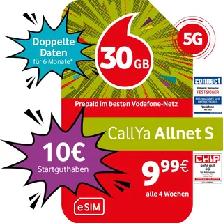Vodafone Prepaid CallYa S eSIM | 30 GB | 10 EUR Startguthaben | 5 GB gratis im Roaming-Special | ohne Vertrag | 5G-Netz | Telefon- SMS-Flat | EU-Roaming