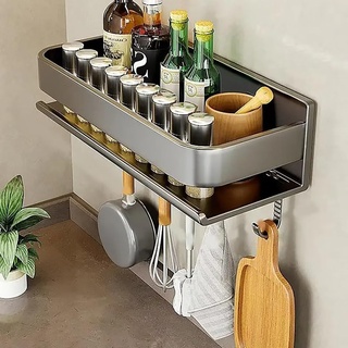 Gewürzregal, Gewürzregal Wand, Gewürzregal Hängend Mit Haken, Küchenregal Wand Ohne Bohren, Gewürzregale aus Metall, küchenregal wand für Küche, Schrank, Badezimmer, grau, 50cm