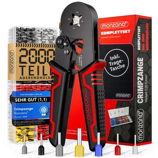 monzana MONZANA® Crimpzange 0,25-10mm2 2000 Aderendhülsen Set elektrische Steckverbinder Elektriker Werkzeug Zange Presszange Kabelschuhe
