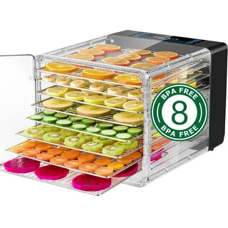 Reemix Dörrautomat, Dörrgerät mit 8 Etagen Abnehmbare, 6 Dörrebenen, LED-Display (30°-75°C) und 600W, 48h-Timer, Obsttrockner, Dehydrator, Rezeptheft, Spülmaschienfest (8 Etagen)