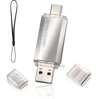 USB Stick 3.0 64 GB 2 in 1 USB Flash Drives USB 3.0 USB C Type C Memory Stick OTG Dual Flash Drive 2-in-1 Memory Stick for Tablet, PC, Android Mobile Phone (Samsung, Huawei, Honor, Xiaomi) Silver