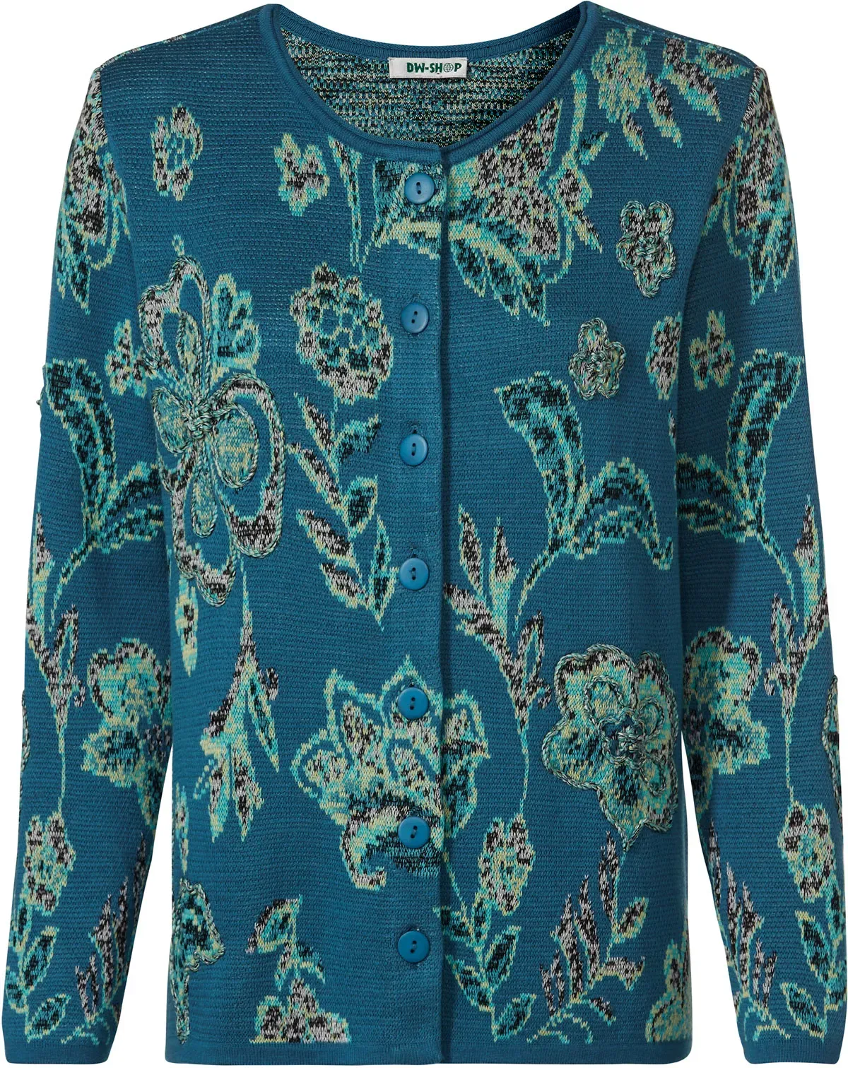 Baumwoll-Strickjacke, Jacquard petrol, 44/46