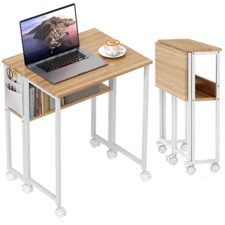 Homcom Schreibtisch Klappbar Kleiner 63 cm Klappschreibtisch mit Rollen Platzsparend Computertisch mit Regal, Aufbewahrungstasche, Natur