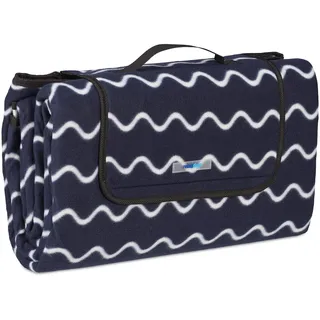 Relaxdays Picknickdecke Fleece mit Tragegriff, dunkelblau/weiß