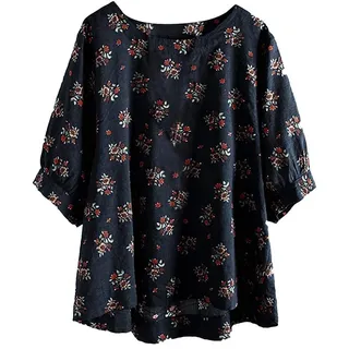 YEBIRAL Große Größe Damen T Shirt Vintage Baumwolle Leinen Bluse Halbe Hülse Tunika Tops Sommer Boho Blumendruck Shirt(XXL,Blau) - XXL