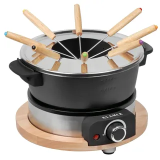 Klamer elektrisches Fondue Set für bis zu 8 Personen, inkl. 8x Fonduegabeln, stufenlose Einstellung, mit Spritzschutz, Topf aus Aluguss, nachhaltige Gummibaumverkleidung