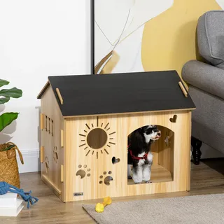 Pawhut Hundehütte Aus Holz Für Kleine Hunde, Indoor-hundehütte Mit Eingravierten Formen, 69 X 50 X 58,5 Cm, Eiche