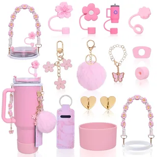 LUOJINYI 15 Stück Stanley Cup Zubehör, Stanley Cup Accessories for Stanley Cup 800 ml - 1100 ml, Stanley Cup Accessory Set, Stanley Quencher Zubehör, Stanley Cup Zubehör Rosa(Becher nicht enthalten)
