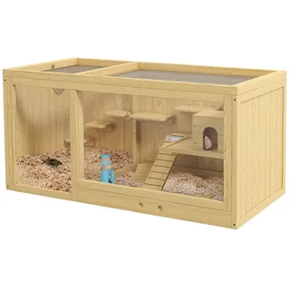 PawHut Hamsterkäfig aus Holz Kleintierkäfig Spielhaus für Gerbils mit Schaukeln, Leitern