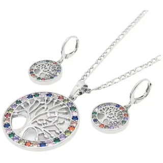 BUNGSA Schmuckset Schmuckset Lebensbaum mit bunten Kristallen silber aus MessingDamen (1-tlg), Geschenkset Damen silberfarben