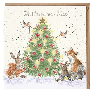 Wrendale Designs Weihnachtskarte für Damen und Herren, mit Aufschrift "Oh Christmas Tree", mit Goldfolien-Oberfläche, für jeden Empfänger (WRE-X076)