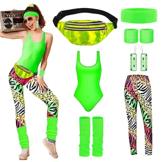80er Jahre Outfit Damen Accessoires 90er Jahre Workout Kostüm 80er Retro Neon Bademode Kostüm mit Top, Leggings Bauchtasche,Stirnband, Beinwärmer für Karneval Neon Mottoparty (Grün, M) - M