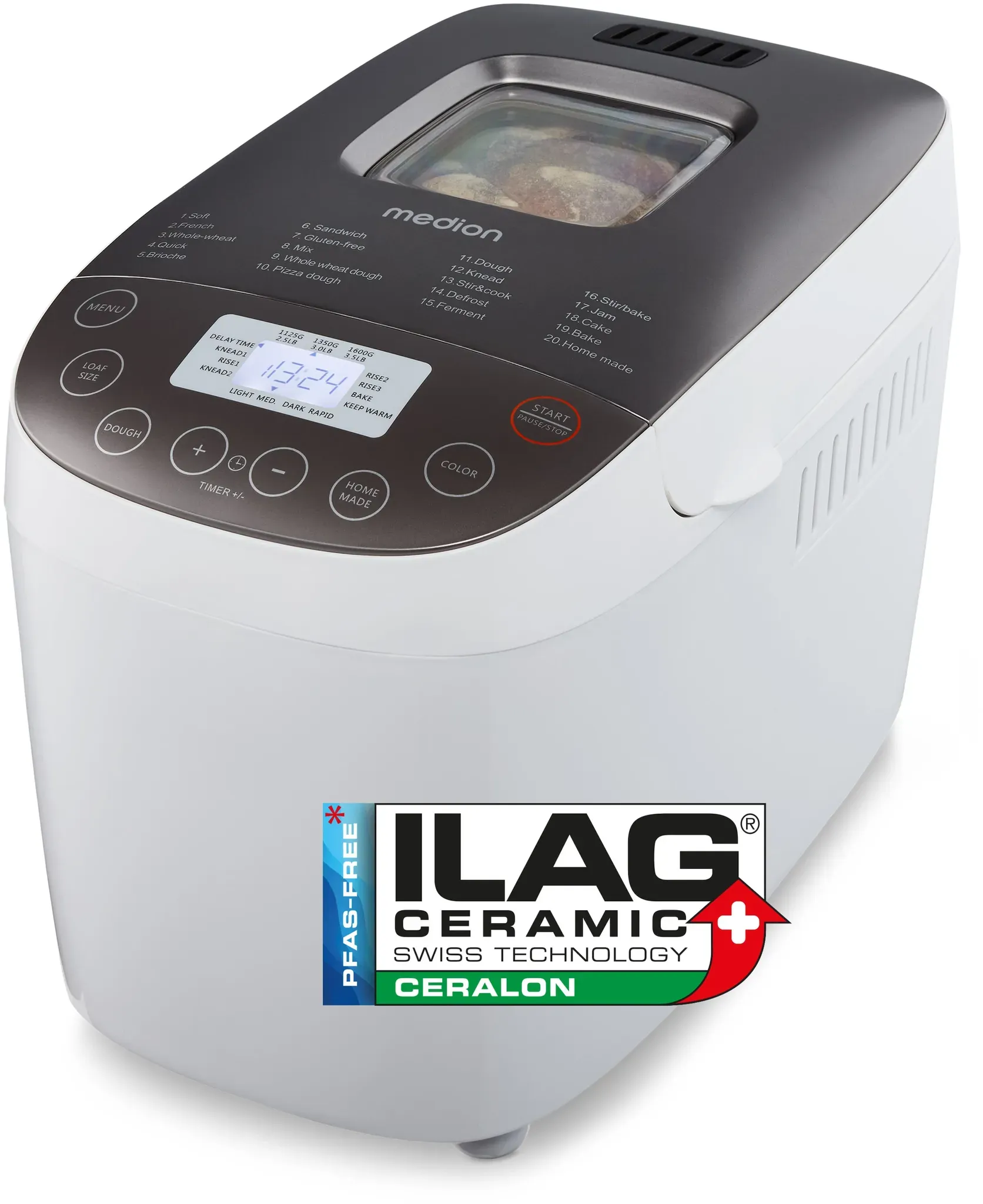 MEDION LIFE Brotbackautomat  MD 12040, 20 Backprogramme, 3 wählbare Bräunungsgrade, 950 Watt, bis zu 1.600g Fassungsvermögen