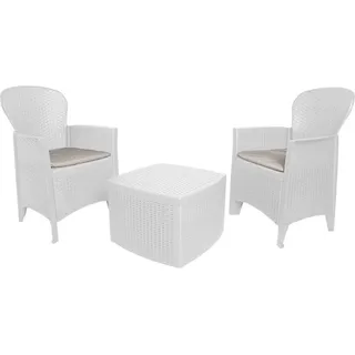 Outdoor-Lounge-Set Napoli, Gartengarnitur mit 2 Sesseln und 1 Containertisch, Sitzecke in Rattan-Optik, 100 % Italy, Weiß - Weiß