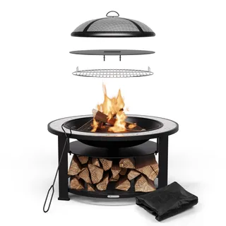 Blumfeldt Merano Circolo Feuerschale - 3-in-1 Feuerschale Mit Grillrost & Tisch, Robuster Stahlrahmen, Terrazzo-Tischplatte, Inkl. Funkenschutz, Hitzeschild & Schürhaken, Für Garten & Terrasse