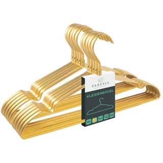 PARUSIA Kleiderbügel Gold, 42cm breit, 1cm stark, Kleiderbügel Metall rostfrei, formstabil, zur platzsparenden Kleideraufbewahrung & Organisation von Kleiderschrank, Kleiderständer (10)