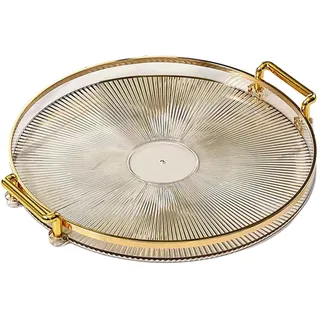 Fenteer Nordisches Serviertablett, mit Griffen, Desserttablett, kosmetisches, Make-up-Display, rundes dekoratives Tablett, für Schlafzimmer, hell Gold