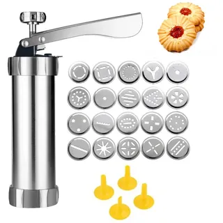 Plätzchenpresse zum Backen - Edelstahl Cookie Press Kit mit 20 Scheiben und 4 Spritztüllen für Keksbereiter und Dekoration, Perfekt für Cookie Maker und Kuchenglasur