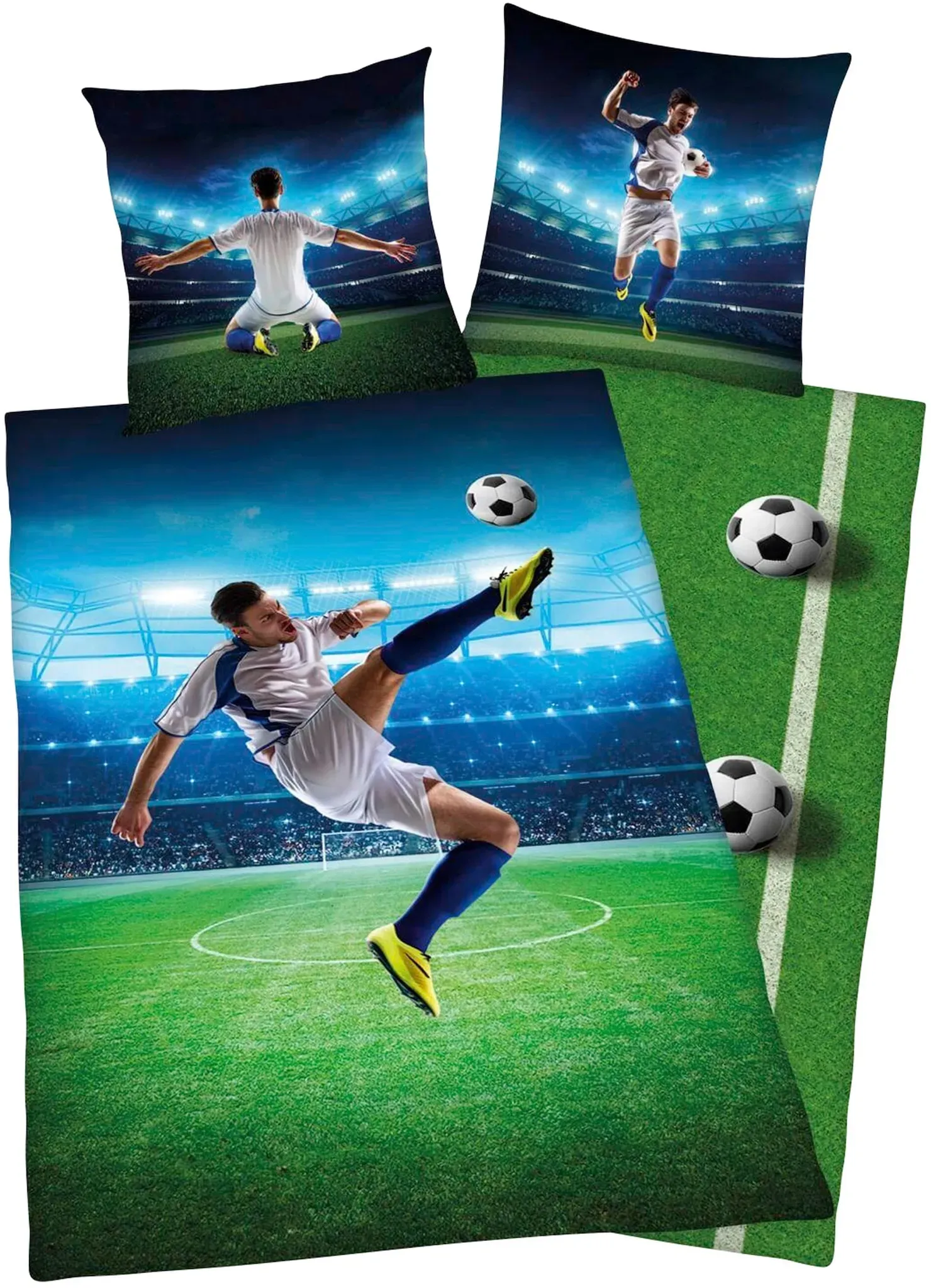 Herding Young Collection Bettwäsche-Set, Fußball Wendemotiv, Bettbezug 135 x 200 cm, Kopfkissenbezug 80 x 80 cm, Baumwolle/Renforcé