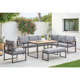 Ambia Garden Dining-Loungeset, Grau, Natur, Dunkelgrau, Metall, Kunststoff, Textil, 5-teilig, Füllung: Schaumstoff,Polyester, eckig, U-Form, 250x187 cm, Loungemöbel, Loungemöbel-Sets