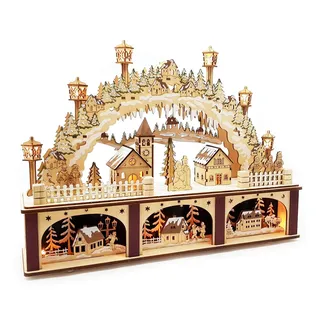 Wichtelstube-Kollektion XL 3D LED Schwibbogen mit Podest Weihnachtsdorf Lichterbogen Schwippbogen Echtholz Weihnachtdeko Holzkunst Fenster 45cm Breite