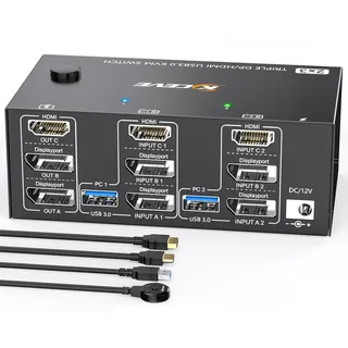 8K@60Hz KVM Switch 2 PC 3 Monitore,Triple Monitor KVM Switch 4K@144Hz Für 2 PC Share 3 Monitore und 4 USB3.0 Geräte, Kabelfernbedienung und 2 USB Kabel enthalten
