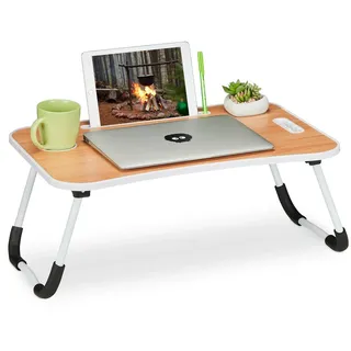 Relaxdays Laptoptisch Hellbraun, Kunststoff, Metall, 63x26x40 cm, klappbarer Betttisch, Notebooktisch, hellbraun/weiß