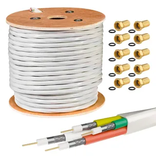 HB DIGITAL 50m Quattro-Kabel Koaxial SAT 4-Fach Weiß 4-in-1 für Ultra HD 4K DVB-S/S2/C/T/T2 BK Anlagen + 30 Vergoldete F-Stecker Set Gratis (Quattro, Quad)