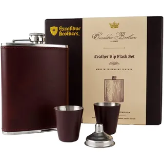 Herren Leder Flachmann (Braun) mit 2 Tassen und Trichter - 100% auslaufsicher mit Edelstahl und Premium Leder, Geschenkset für Vater, Großvater, Freund und Trauzeugen