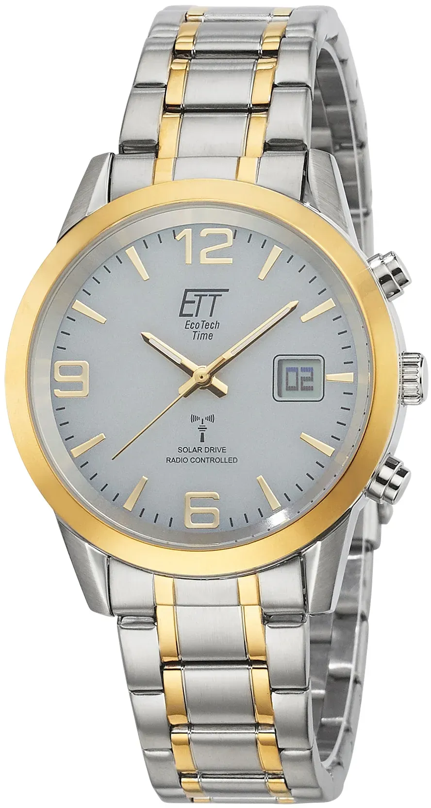 Funkuhr ETT "Gobi", gold (silbergoldfarben), Armbanduhren, Herren, Funkuhr, Armbanduhr, Solar, Herrenuhr, Edelstahlarmband, analog, digital