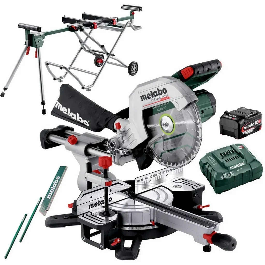 Metabo Akku Kappsäge Säge Ladegerät KGS18 LTX BL254 + Untergestell KSU251 mobile
