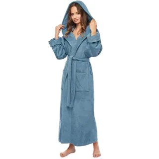 Arus Türkischer Bademantel für Damen, GOTS-zertifiziert, Bio-Baumwolle, mit Kapuze, volle Länge - Blau - Large - L