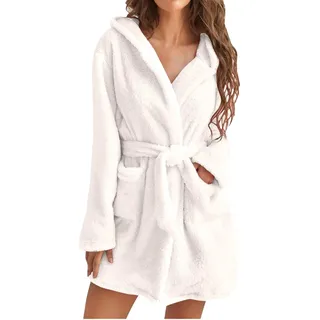UPOI 2024 Bademantel Damen Kurz Frottee mit Kapuze Warm Langarm Flauschig Kuschelig Bathrobe Leichte Einfarbig Morgenmantel Herbst Winter Fleece-Hausmantel mit Taschen - S